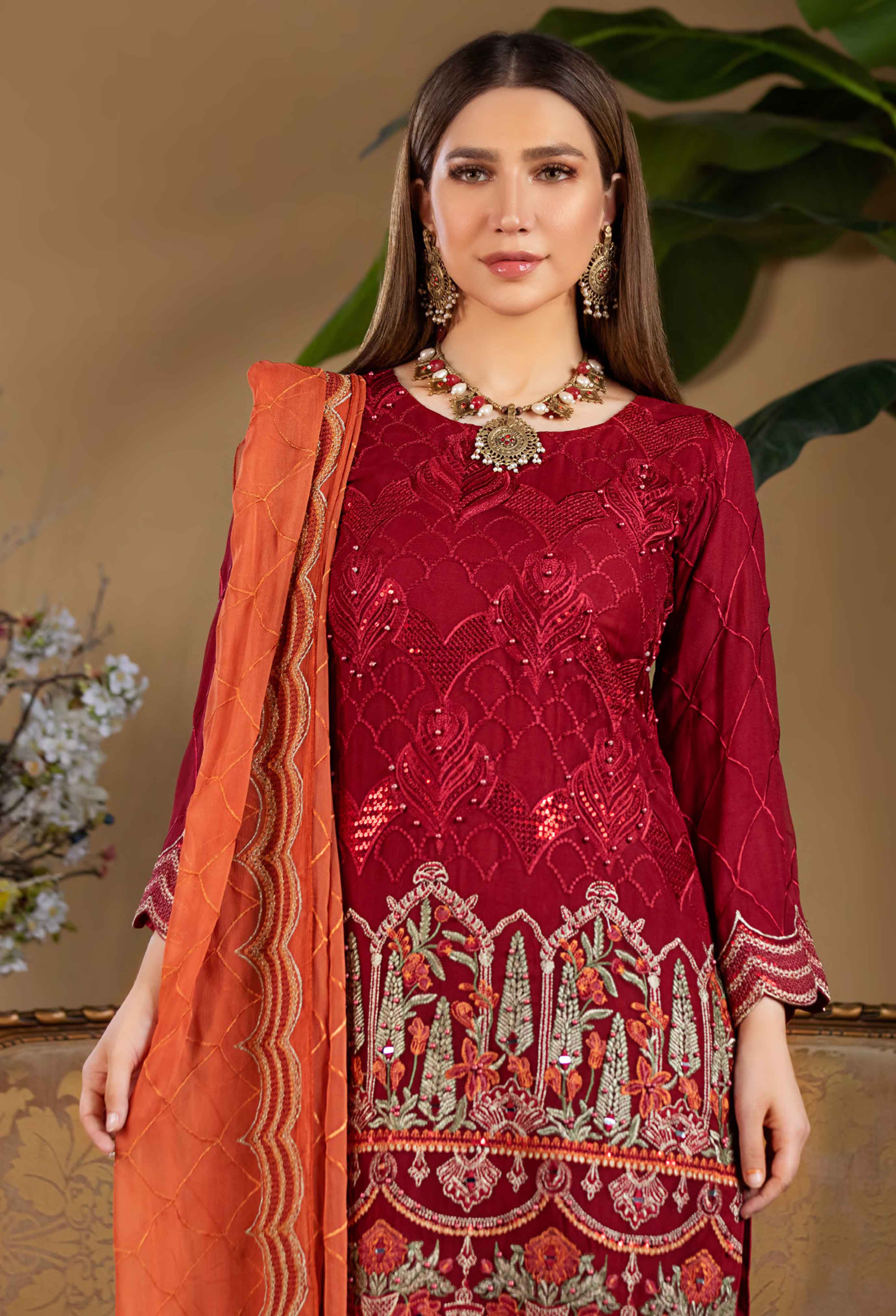 Zara Chiffon Red 3 Piece Kameez Outfit MSL7 DesiP 