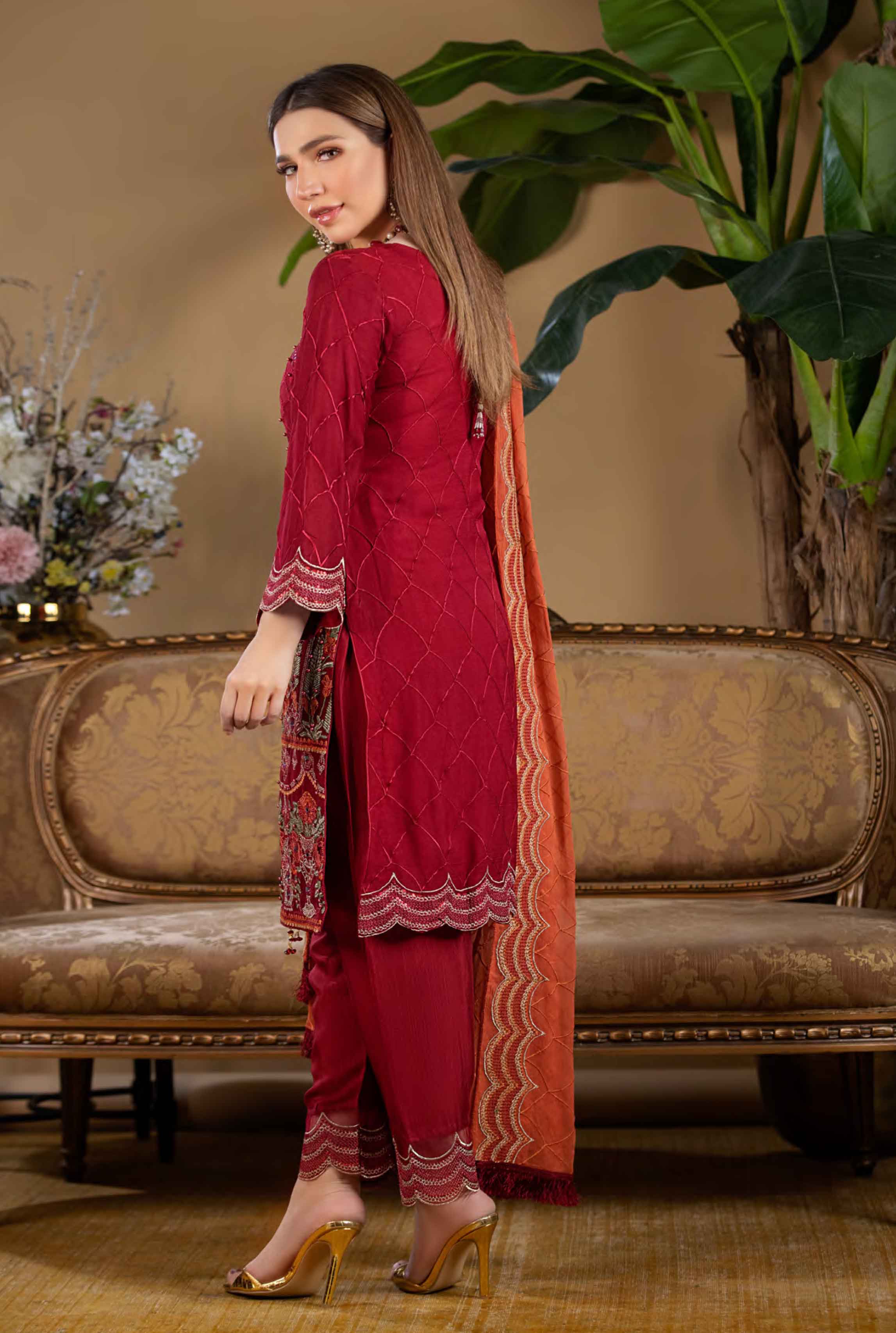 Zara Chiffon Red 3 Piece Kameez Outfit MSL7 DesiP 