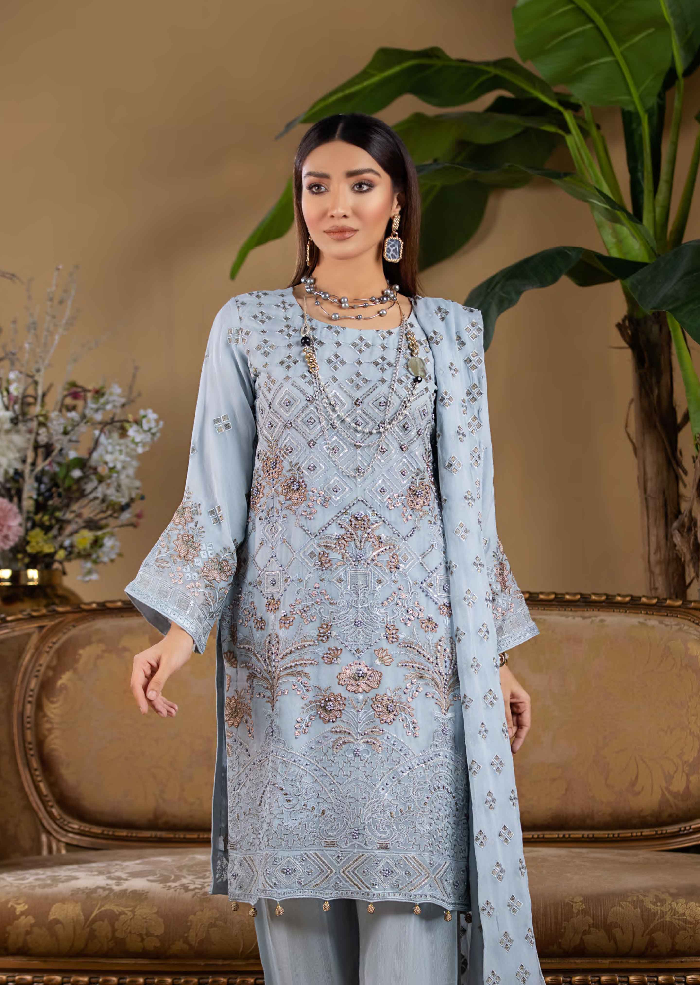 Zara Chiffon Sky Grey 3 Piece Kameez Outfit MSL4 DesiP 
