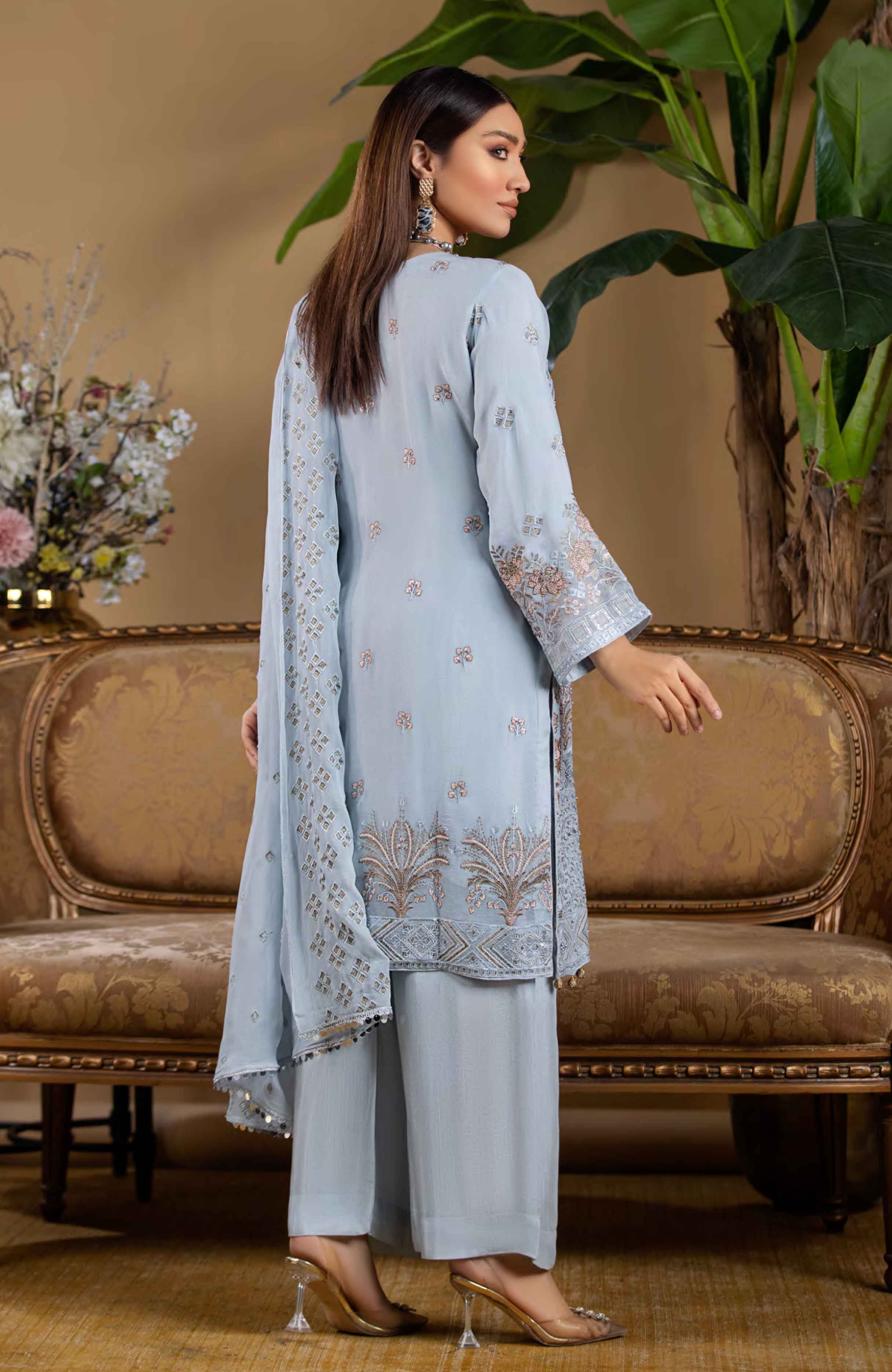 Zara Chiffon Sky Grey 3 Piece Kameez Outfit MSL4 DesiP 